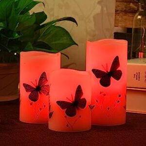 UNIVELA Candles Set of 3 Flameless 4" 5" 6" Unscented Tealight Butterfly Flower Plants Decor Real Wax Pillar Candle LED Lights 12 Color Changing 4H 8H Timer Remote Control AAA Batteries Operated