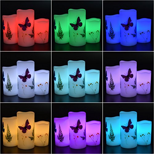 UNIVELA Candles Set of 3 Flameless 4" 5" 6" Unscented Tealight Butterfly Flower Plants Decor Real Wax Pillar Candle LED Lights 12 Color Changing 4H 8H Timer Remote Control AAA Batteries Operated