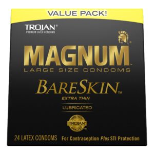 trojan magnum bareskin premium large condoms, comfortable and smooth lubricated condoms for men, america’s number one condom, 24 count value pack