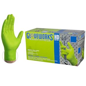 gloveworks hd green nitrile industrial disposable gloves, 8 mil, latex-free, raised diamond texture, x-large, box of 100