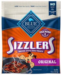 blue buffalo sizzlers natural bacon-style soft-moist dog treats, original pork 15-oz bag