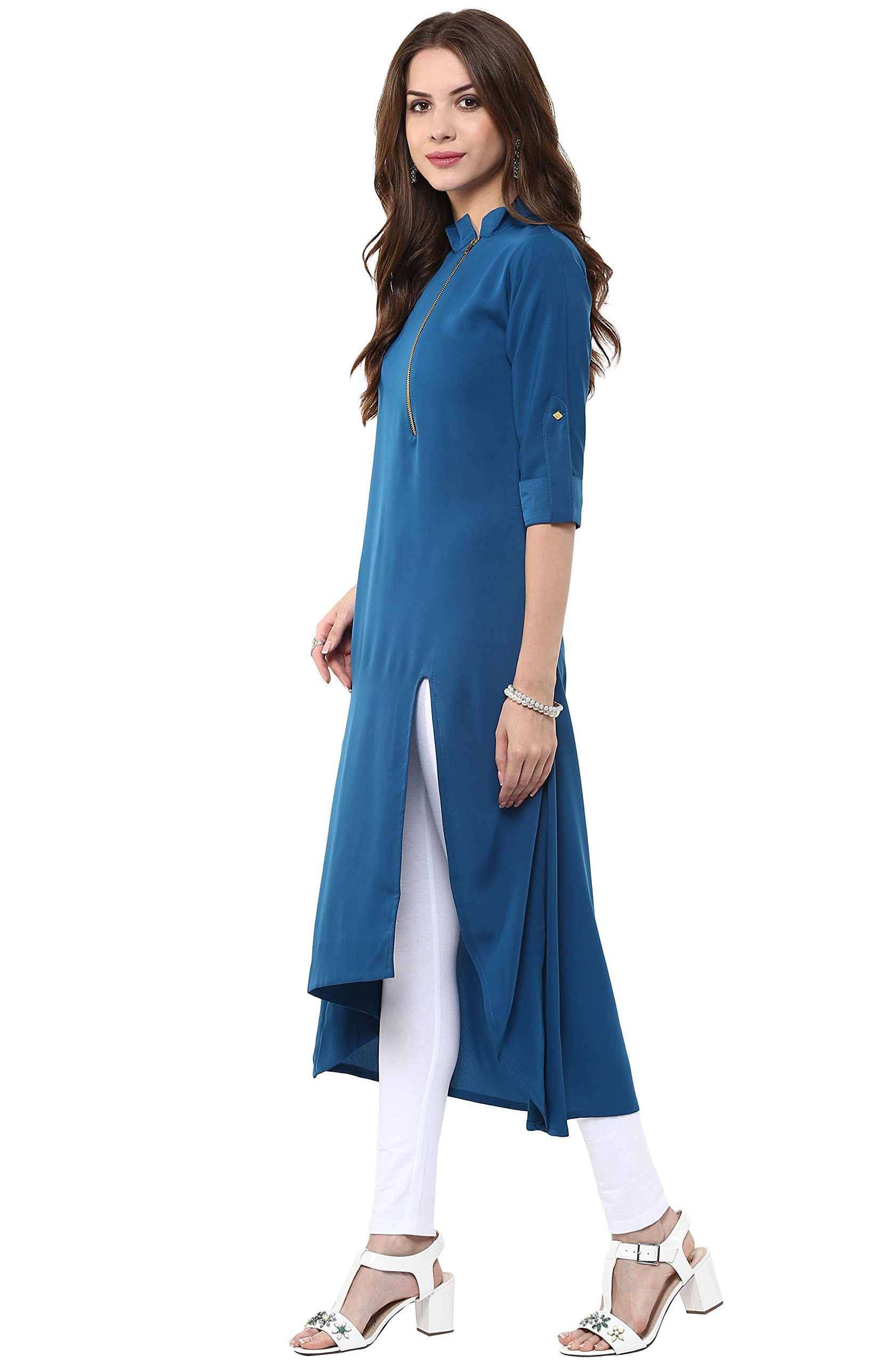 Janasya Women's Crepe Kurti Tunic Tops,Blue,Large,Blue,Large