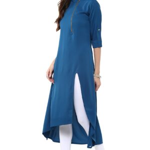 Janasya Women's Crepe Kurti Tunic Tops,Blue,Large,Blue,Large