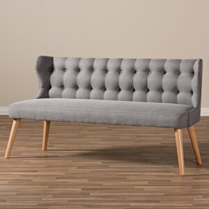 Baxton Studio Parisa Grey Fabric & Natural Wood Finishing 3 Seater Settee Bench, gray