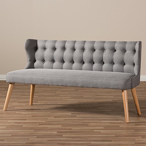 Baxton Studio Parisa Grey Fabric & Natural Wood Finishing 3 Seater Settee Bench, gray