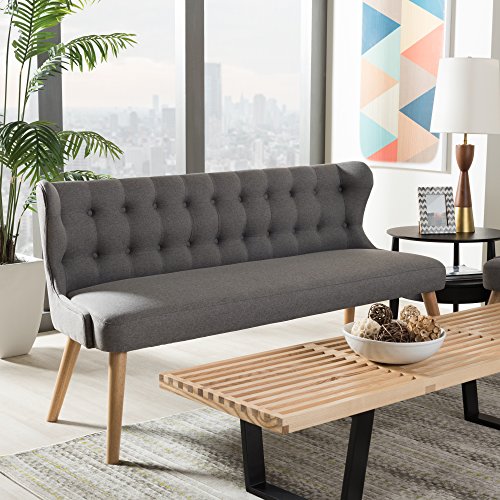 Baxton Studio Parisa Grey Fabric & Natural Wood Finishing 3 Seater Settee Bench, gray