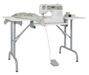 sew ready folding multipurpose sewing table - 47.5" w x 28" d foldable white hobby and sewing machine table with adjustable shelf - can also be used as computer desk