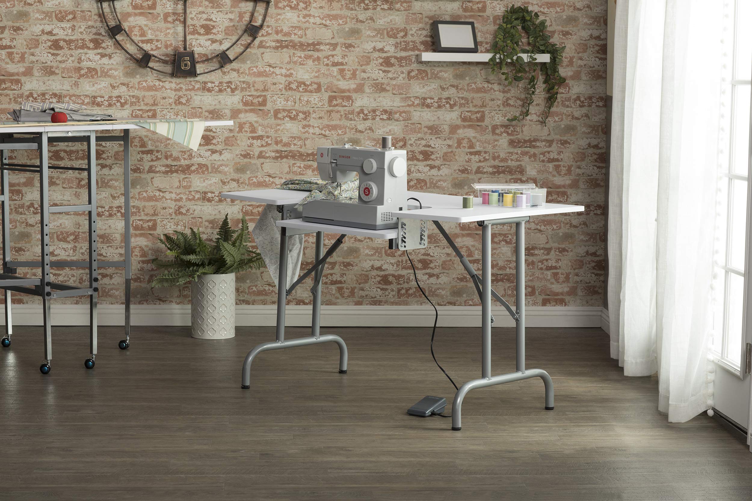 Sew Ready Folding Multipurpose Sewing Table - 47.5" W x 28" D Foldable White Hobby and Sewing Machine Table with Adjustable Shelf - Can Also Be Used as Computer Desk