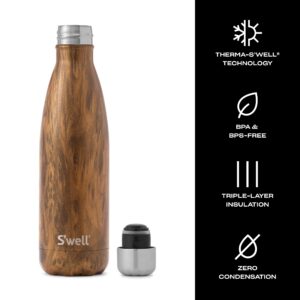 S'well Stainless Steel Water Bottle, 17oz, Teakwood, Triple Layered Vacuum Insulated Containers Keeps Drinks Cold for 36 Hours and Hot for 18, BPA Free, Perfect for On the Go