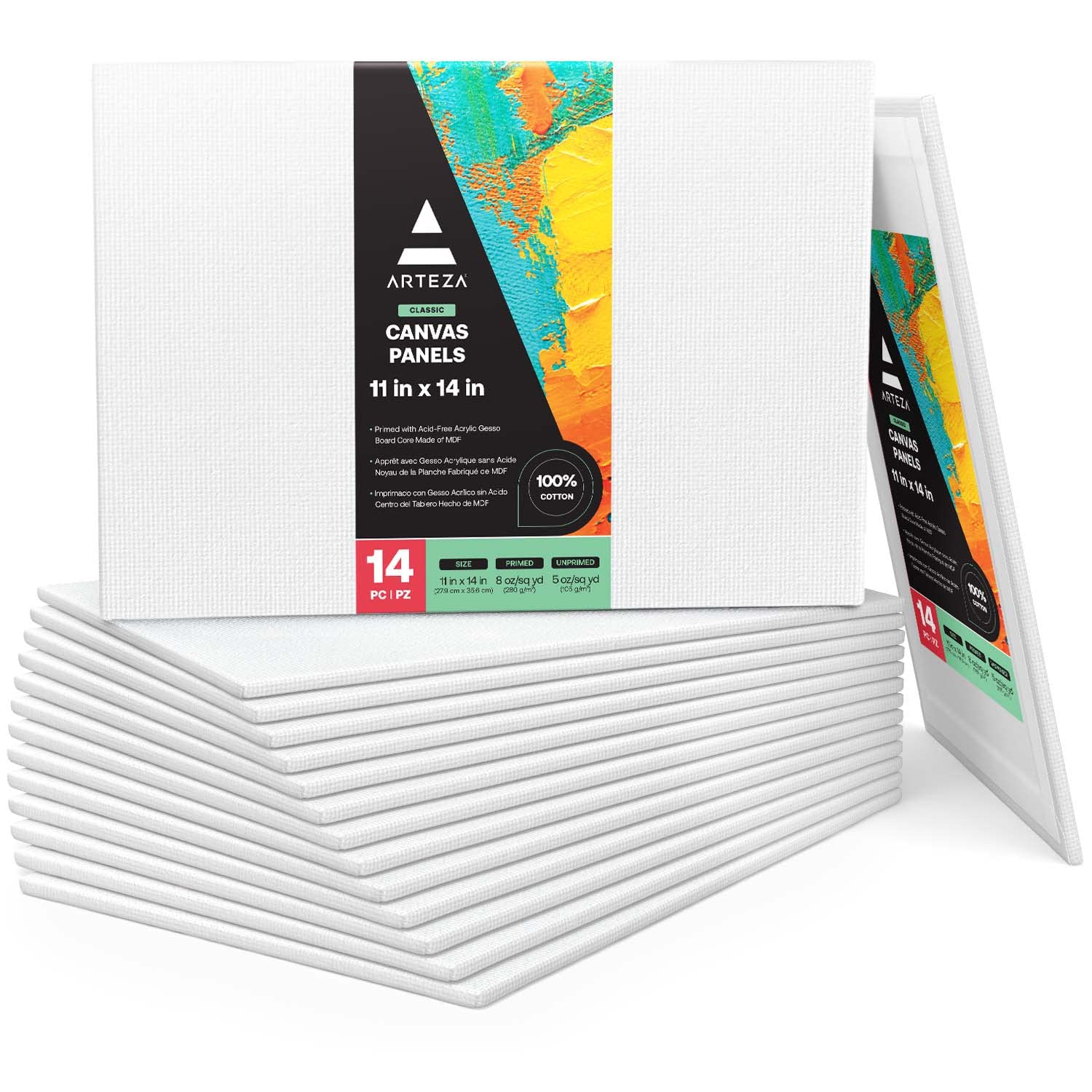 ARTEZA Canvas Boards for Painting, 11 x 14 Inches, Pack of 14, Blank White Canvas Panels for Acrylic, Oil and Gouache Painting