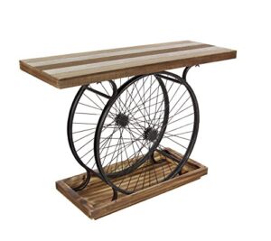 deco 79 wood bike wide slatted top console table with dual wheel frame and tiered base, 36" x 25" x 12", brown