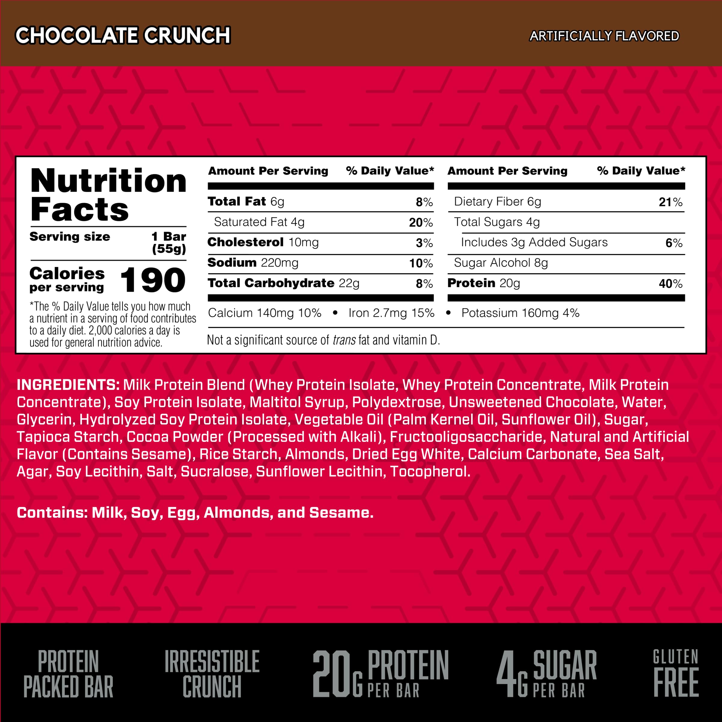 BSN Protein Crisp Bar, Protein Snack Bars, Crunch Bars with Whey Protein and Fiber, Gluten Free, Chocolate Crunch, 12 Count (Packaging May Vary)