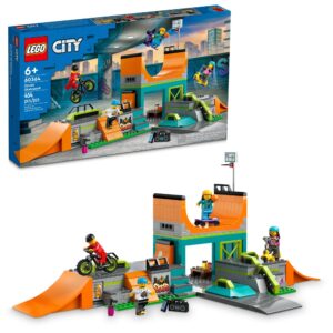 lego my city street skate park building toy set, includes a skateboard, bmx bike, scooter and in-line skates, plus 4 minifigures for pretend play, fun gift for kids and skating fans, 60364