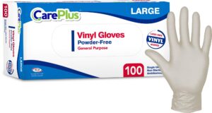 care plus disposable vinyl gloves large size | heavy duty | non sterile | powder free | latex free rubber | 100 count box |food safe