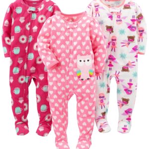 Simple Joys by Carter's Baby Girls' 3-Pack Loose Fit Flame Resistant Fleece Footed Pajamas, Donut/Hearts/Superhero, 18 Months