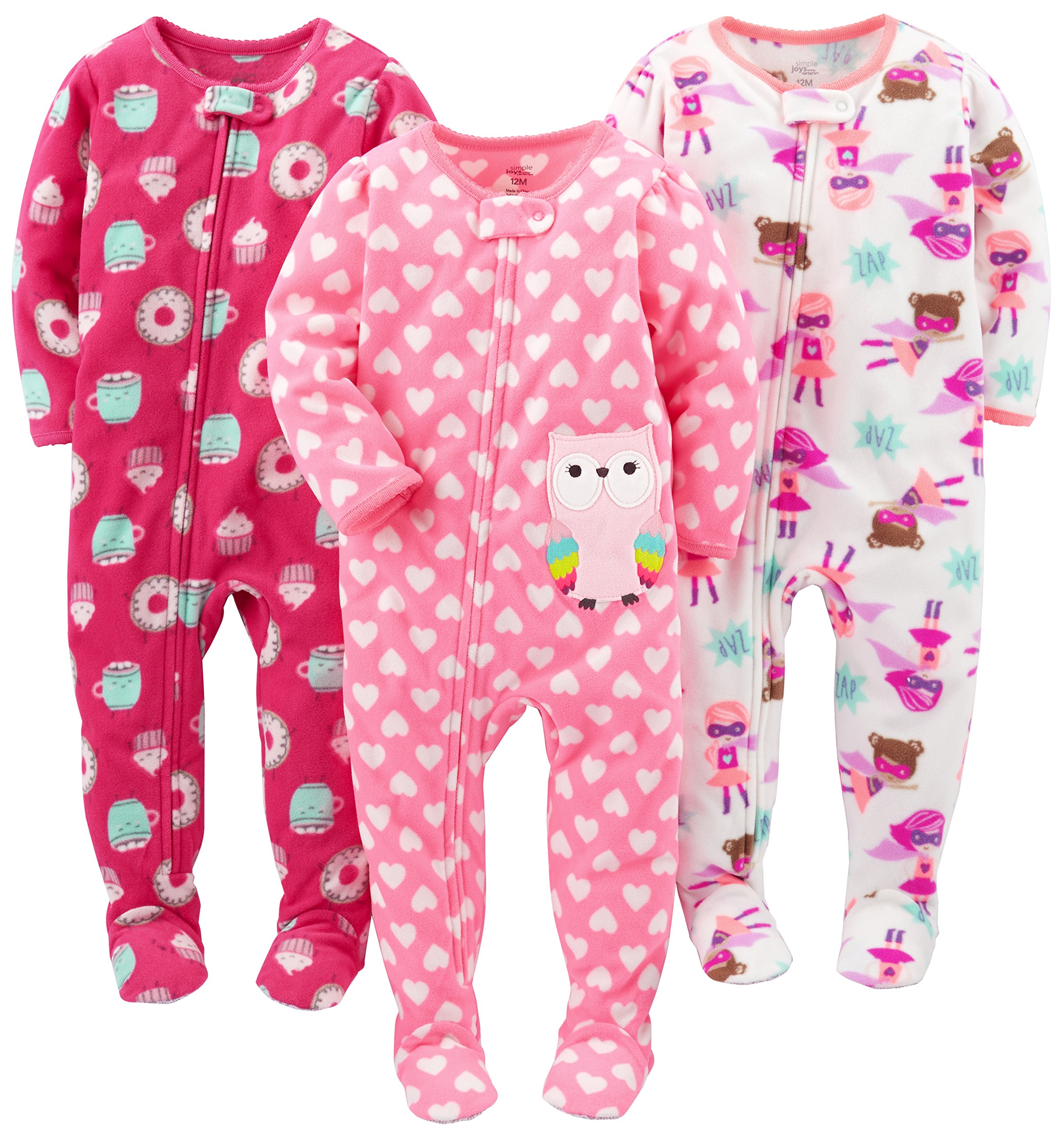 Simple Joys by Carter's Baby Girls' 3-Pack Loose Fit Flame Resistant Fleece Footed Pajamas, Donut/Hearts/Superhero, 18 Months