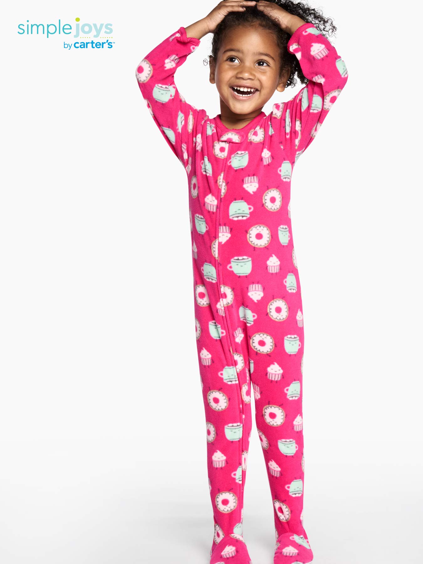 Simple Joys by Carter's Baby Girls' 3-Pack Loose Fit Flame Resistant Fleece Footed Pajamas, Donut/Hearts/Superhero, 18 Months