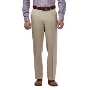 haggar mens premium no iron khaki classic fit expandable waist flat front casual pants, khaki, 36w x 32l us