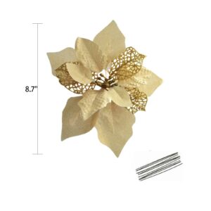 Crazy Night 12Pcs 8.7inch Gold Glitter Poinsettia Artificial Flowers,Christmas Tree Decorations,Wedding Xmas New Year Wreath Ornaments