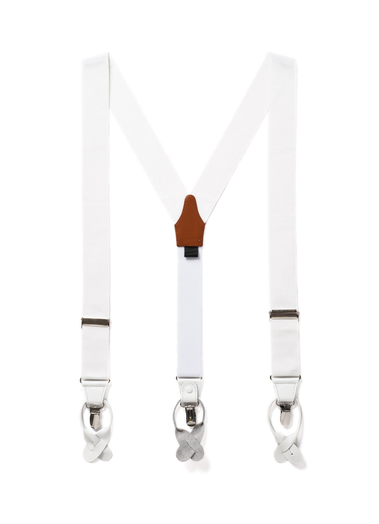 White Suspenders Genuine Leather Clip Suspenders (Button/Clip-on Wide)