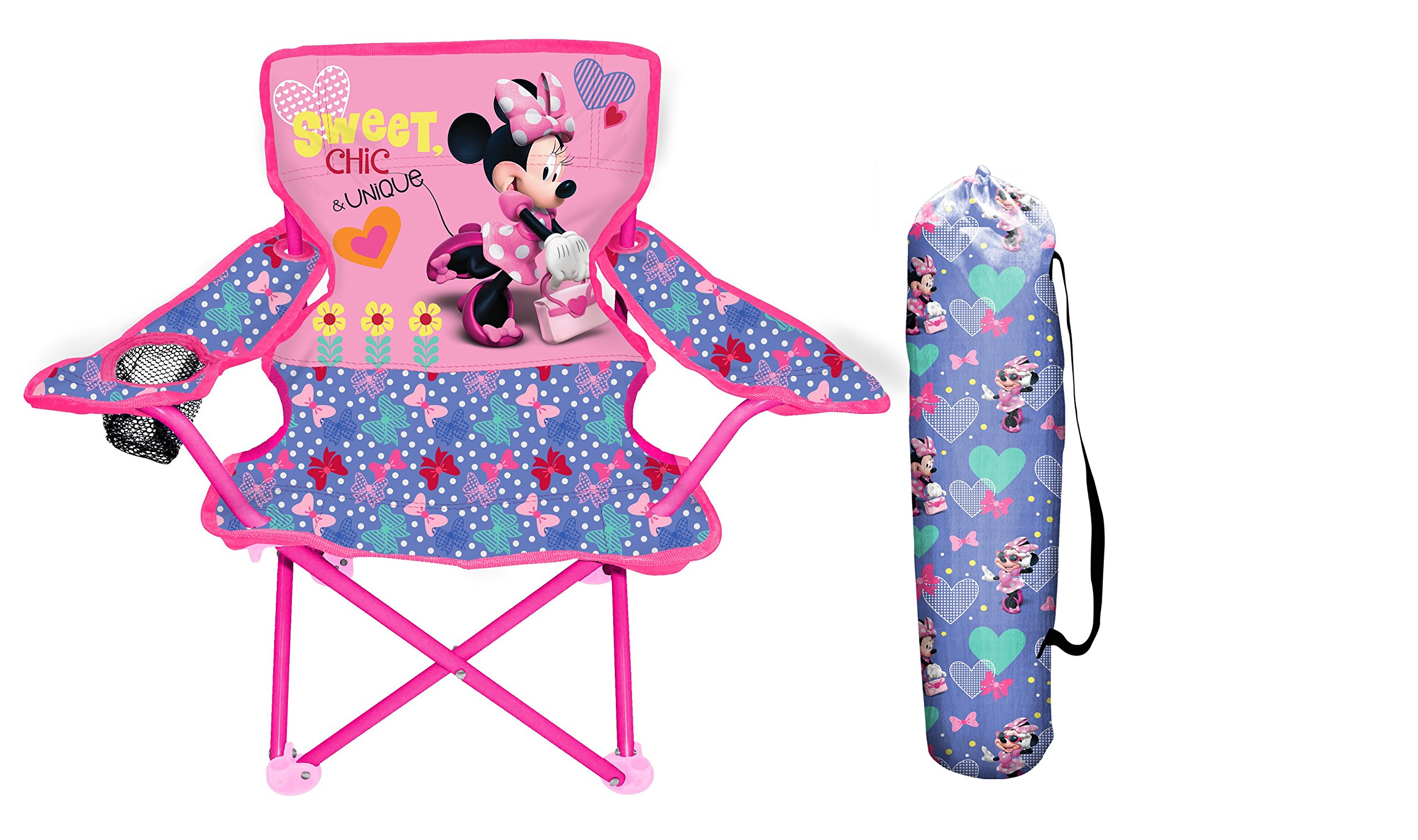 JAKKS Pacific Minnie Camp Chair for Kids, Portable Camping Fold N Go Chair with Carry Bag, Minnie - Bows