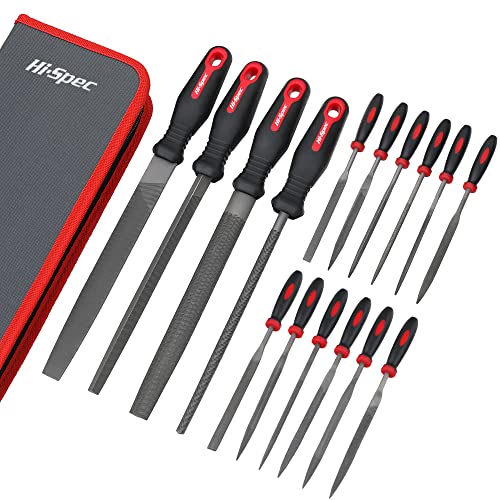 Hi-Spec 16 Piece Metal Hand & Needle Files Tool Set Kit. Large & Small Mini T12 Carbon Steel Flat, Half, Round, Triangle Files. Complete in a Zipper Carry Case