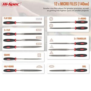 Hi-Spec 16 Piece Metal Hand & Needle Files Tool Set Kit. Large & Small Mini T12 Carbon Steel Flat, Half, Round, Triangle Files. Complete in a Zipper Carry Case