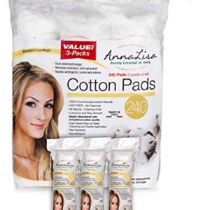 AnnaLisa 100% Pure Combed Cotton Rounds 3 Packs of 80 Hypoallergenic & Absorbing Cotton Pads for Face/Makeup/Nail Polish Removal |240-Piece Italian Round Facial Cleansing|