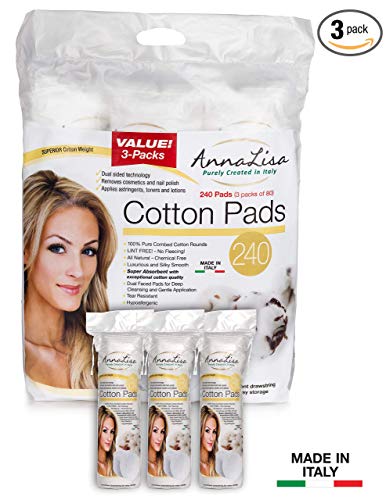 AnnaLisa 100% Pure Combed Cotton Rounds 3 Packs of 80 Hypoallergenic & Absorbing Cotton Pads for Face/Makeup/Nail Polish Removal |240-Piece Italian Round Facial Cleansing|