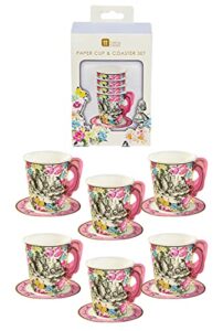 talking tables truly alice alice in wonderland mad hatter party cup set with handle and saucers in 3 designs for a tea party or birthday