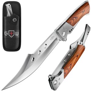 long blade folding knife - sharp hunting hiking camping tactical survival work knives for men women - foldable large knife with rosewood handle - fits any knife sharpener - father s day gifts 4172