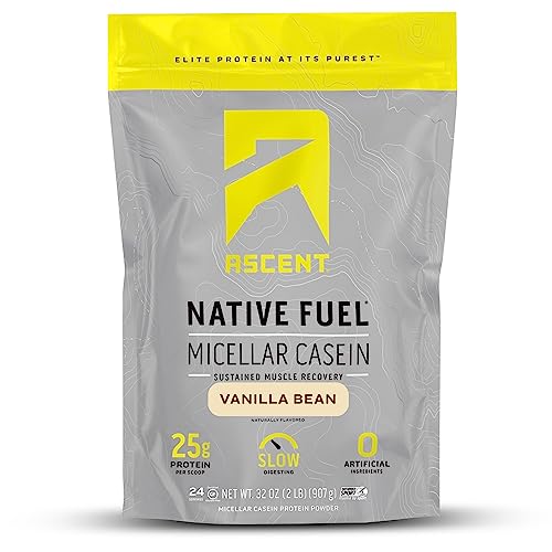 Ascent Casein Protein Powder - 25g Micellar Casein Powder with Zero Artificial Flavors & Sweeteners, Gluten-Free, No Added Sugar, 4.9g BCAA, 2.2g Leucine - Vanilla Bean, 2 Pounds