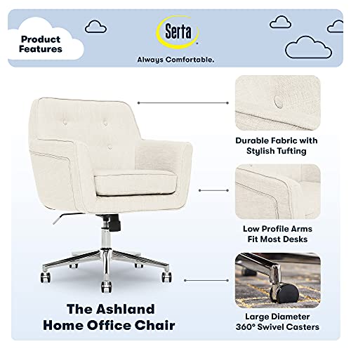 Serta Ashland Modern Office Chair, Stylish Mid-Back DeskChair, SertaQuality Foam, MemoryFoam Cushion, Comfy Armchair with Wheels, VanityChair, Metal Base, Chrome Finish, Ivory