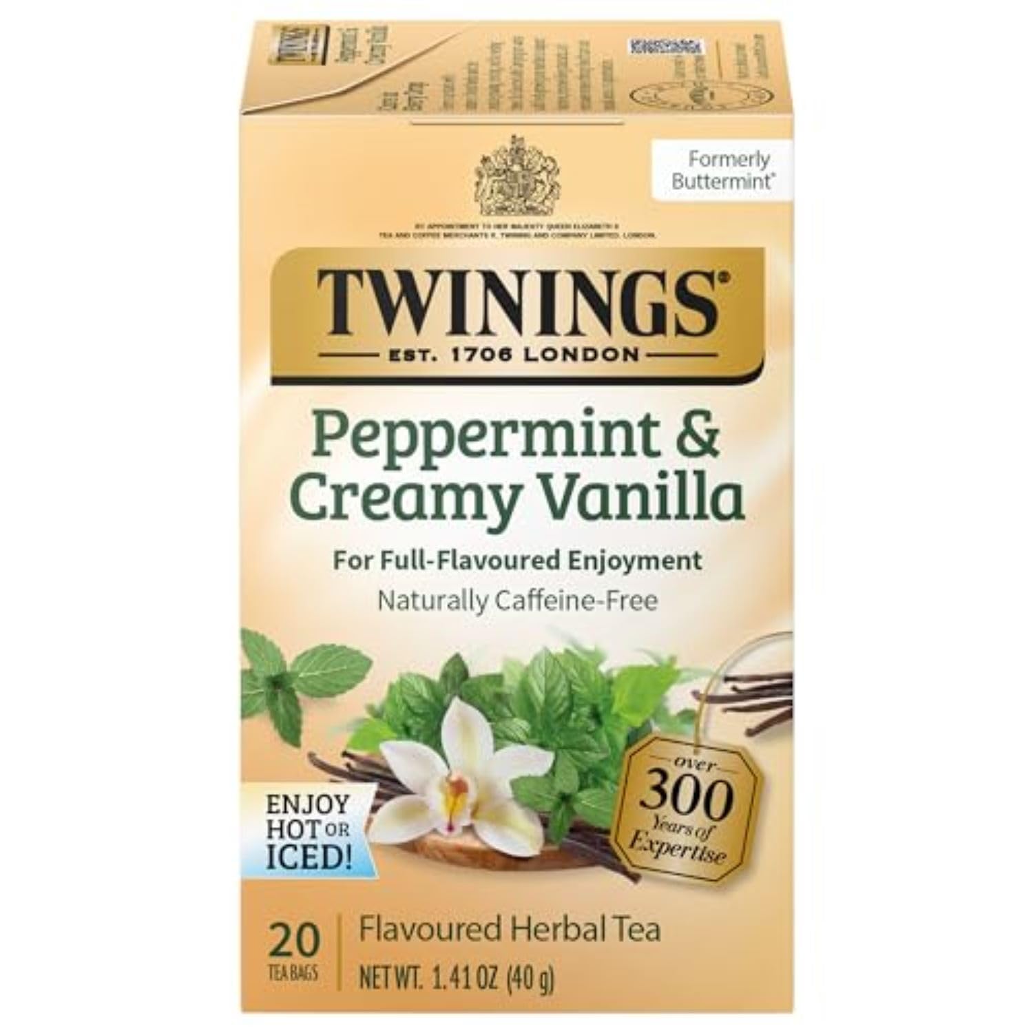 Twinings Peppermint & Creamy Vanilla Herbal Tea Individually Wrapped Bags, 20 Count (Pack of 6), Formerly Buttermint, Naturally Caffeine-Free, Enjoy Hot or Iced | Packaging May Vary