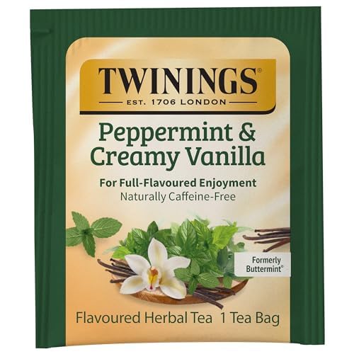 Twinings Peppermint & Creamy Vanilla Herbal Tea Individually Wrapped Bags, 20 Count (Pack of 6), Formerly Buttermint, Naturally Caffeine-Free, Enjoy Hot or Iced | Packaging May Vary