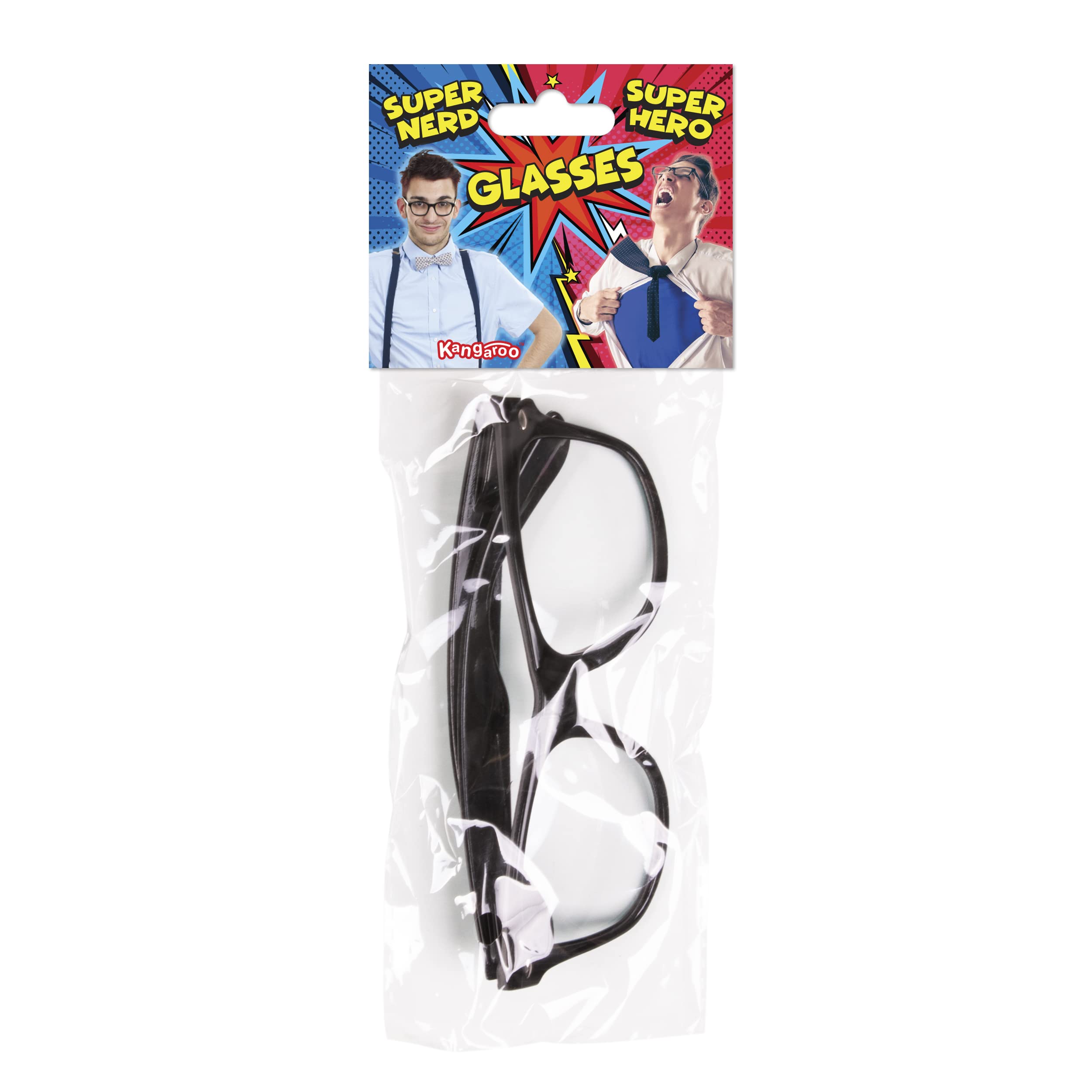 Kangaroo Black Superhero Nerd Glasses – Black Frame Fake Nerd Glasses for Men and Women – Non-Prescription, Non-Polarized Clear Lens Prop Glasses – Costume Glasses for Halloween or Cosplay