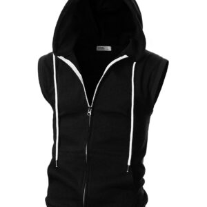 Ohoo Mens Slim Fit Sleeveless Lightweight Zip-up Hooded Vest 2 Way Zipper Hoodie Sweatshirt / DCF011-BLACK-L