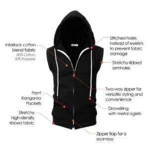 Ohoo Mens Slim Fit Sleeveless Lightweight Zip-up Hooded Vest 2 Way Zipper Hoodie Sweatshirt / DCF011-BLACK-L