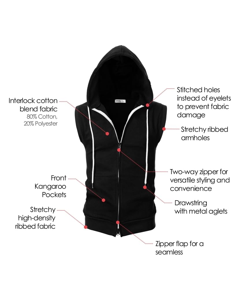 Ohoo Mens Slim Fit Sleeveless Lightweight Zip-up Hooded Vest 2 Way Zipper Hoodie Sweatshirt / DCF011-BLACK-L