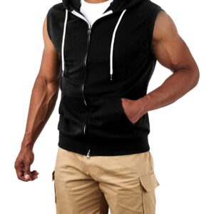 Ohoo Mens Slim Fit Sleeveless Lightweight Zip-up Hooded Vest 2 Way Zipper Hoodie Sweatshirt / DCF011-BLACK-L