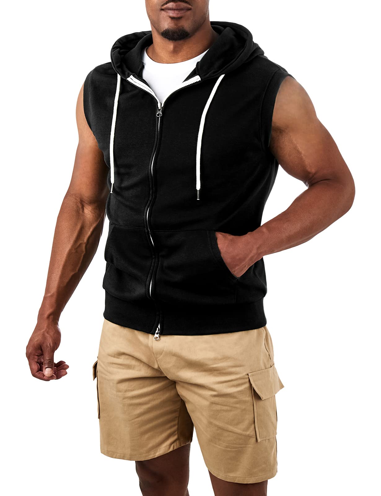 Ohoo Mens Slim Fit Sleeveless Lightweight Zip-up Hooded Vest 2 Way Zipper Hoodie Sweatshirt / DCF011-BLACK-L