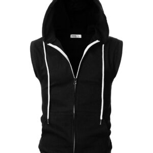 Ohoo Mens Slim Fit Sleeveless Lightweight Zip-up Hooded Vest 2 Way Zipper Hoodie Sweatshirt / DCF011-BLACK-L