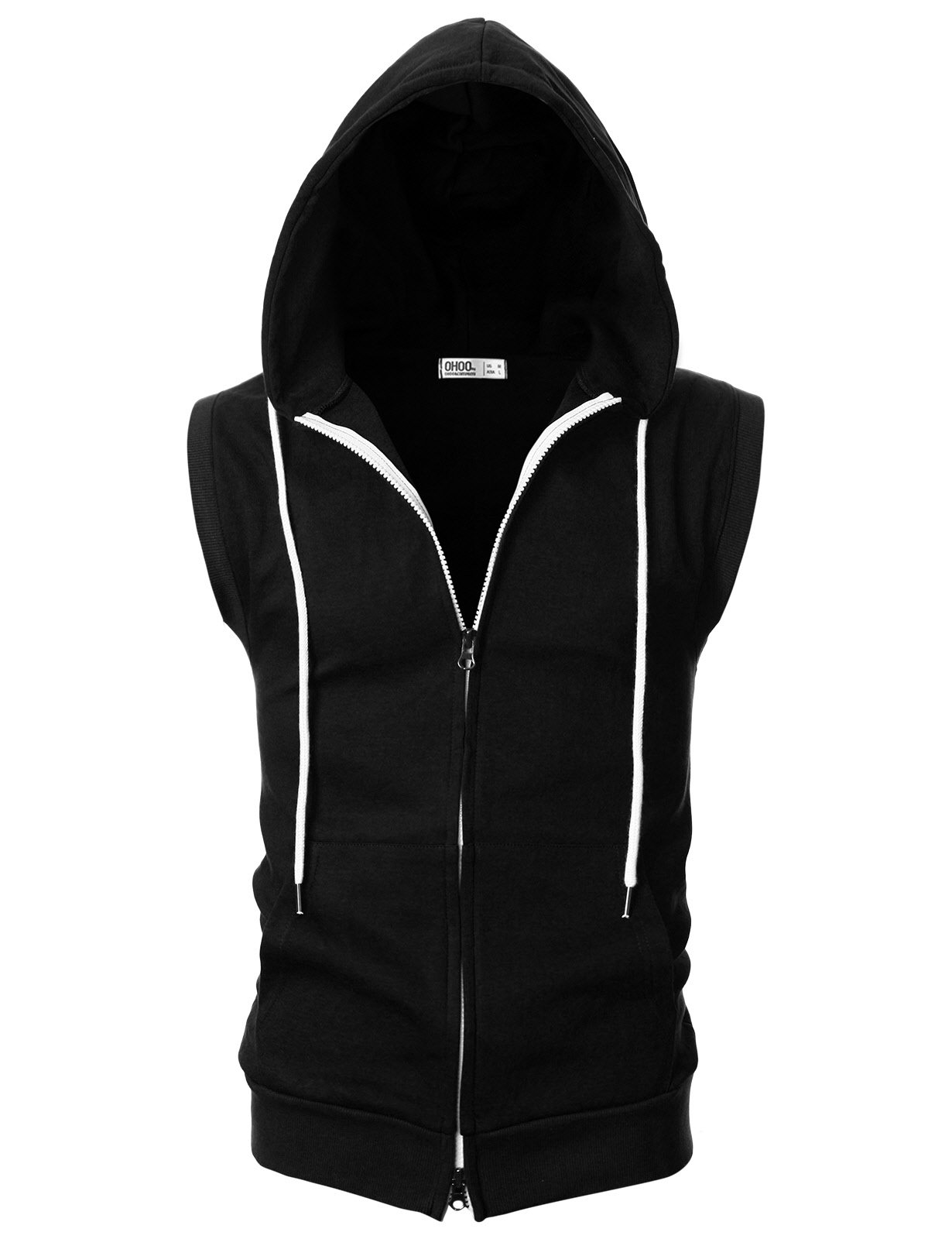 Ohoo Mens Slim Fit Sleeveless Lightweight Zip-up Hooded Vest 2 Way Zipper Hoodie Sweatshirt / DCF011-BLACK-L