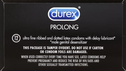 Durex Condom Prolong Natural Latex Condoms, 12 Count - Ultra Fine, ribbed and dotted with delay lubricant, Regular Fit