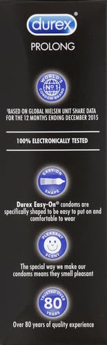 Durex Condom Prolong Natural Latex Condoms, 12 Count - Ultra Fine, ribbed and dotted with delay lubricant, Regular Fit