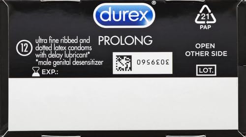 Durex Condom Prolong Natural Latex Condoms, 12 Count - Ultra Fine, ribbed and dotted with delay lubricant, Regular Fit