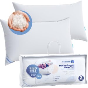 Continental Bedding Luxury Down Pillows King Size Set of 2 - Family Made in New York - Breathable Bed Pillows for Sleeping on Side Sleepers - 550FP Firm, Moderate Firmness and Loft