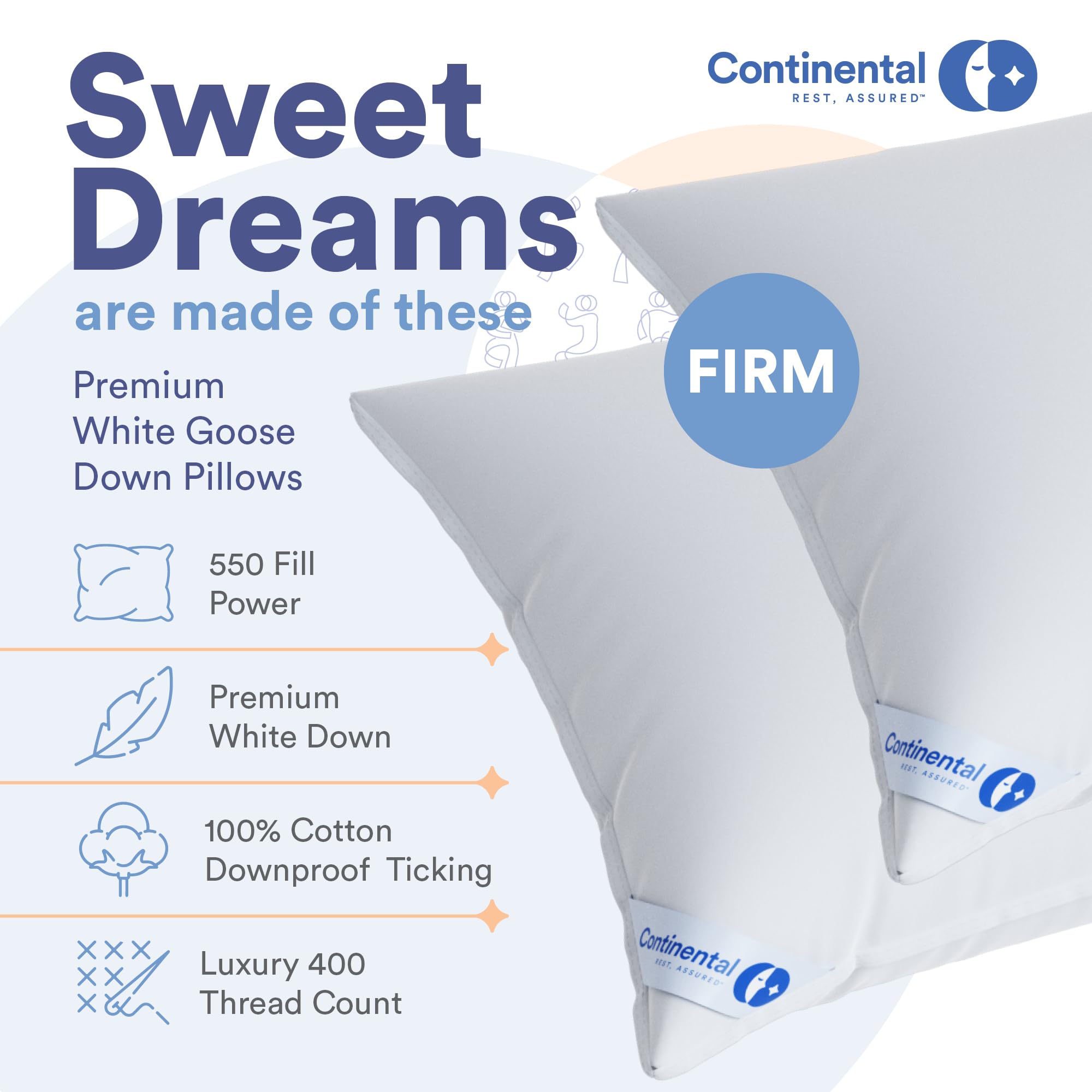 Continental Bedding Luxury Down Pillows King Size Set of 2 - Family Made in New York - Breathable Bed Pillows for Sleeping on Side Sleepers - 550FP Firm, Moderate Firmness and Loft