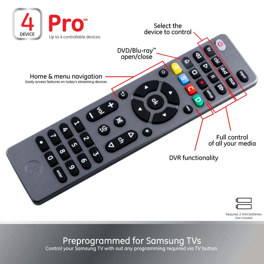 GE Universal Remote Control, Samsung Remote, Universal TV Remote for Roku TV, Vizio, LG, Sony, Sharp, Roku, Apple TV, TCL, Panasonic, Streaming Players, Blu-ray, DVD, 4-Device, Graphite, 33711