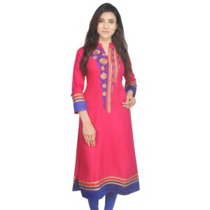 Chichi Indian Women's Embroidered Rayon Kurti Red-Blue For Casual/Daily/Party Wear